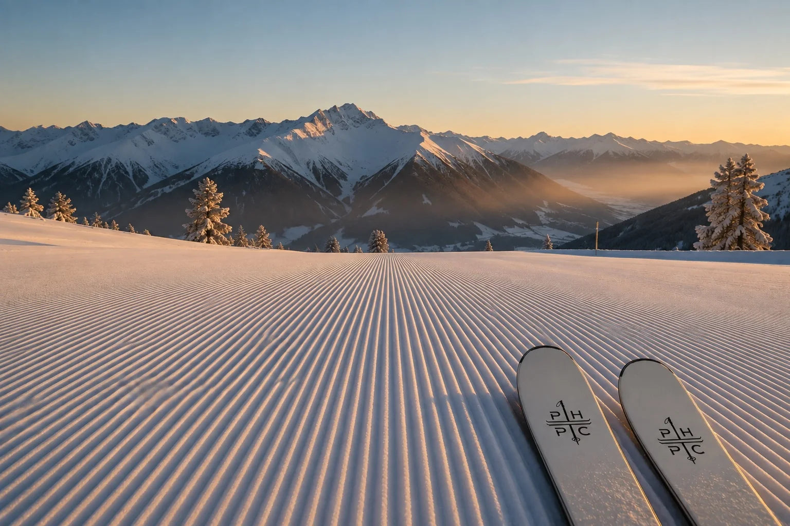 Freshly groomed corduroy at sunrise with Powder Hounds ski tips in frame