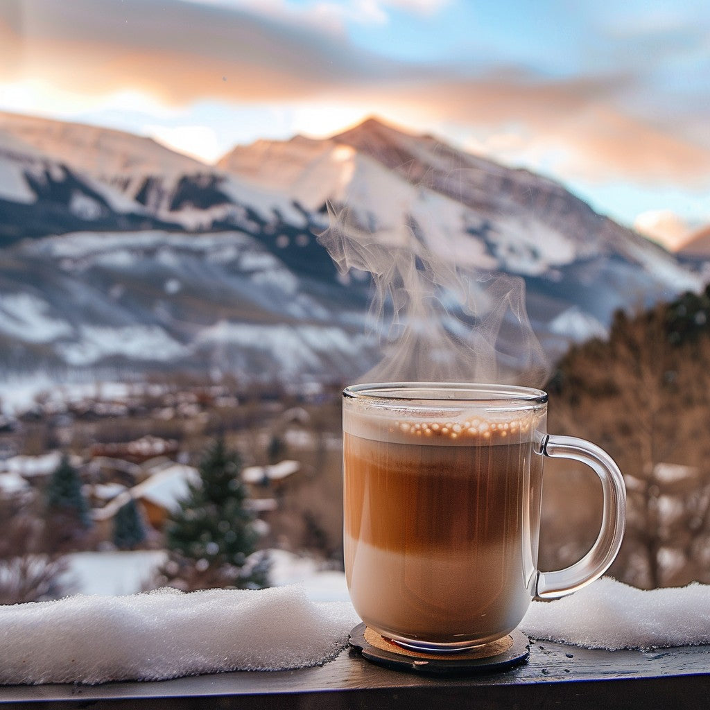 Woman in yellow ski jacket savoring Gesha coffee in a snowy forest